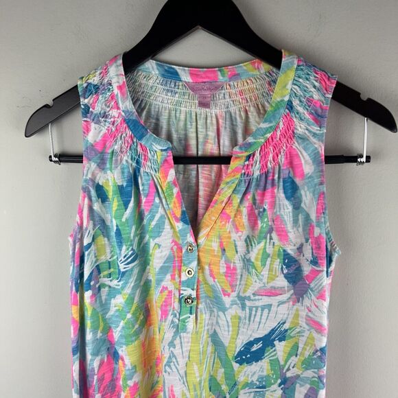 Lilly Pulitzer ESSIE Tank Shift Dress Sparkling Sands XS Smocked Buttons - Picture 2 of 8